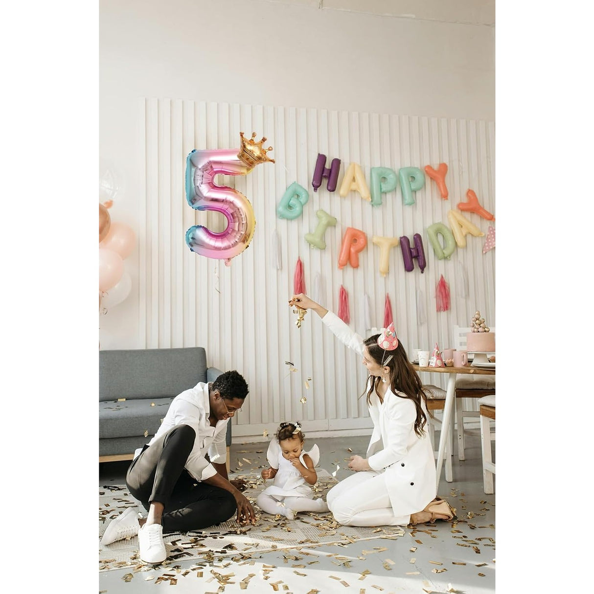 Balon din Folie Metalizata, Vivimall, Figurina Cifra Gradient, Tema Aniversare 80 cm, Ambalaj Individual, Pai inclus, Umflare cu Aer sau Heliu, Coronita, Cifra 5 - vivimall.ro