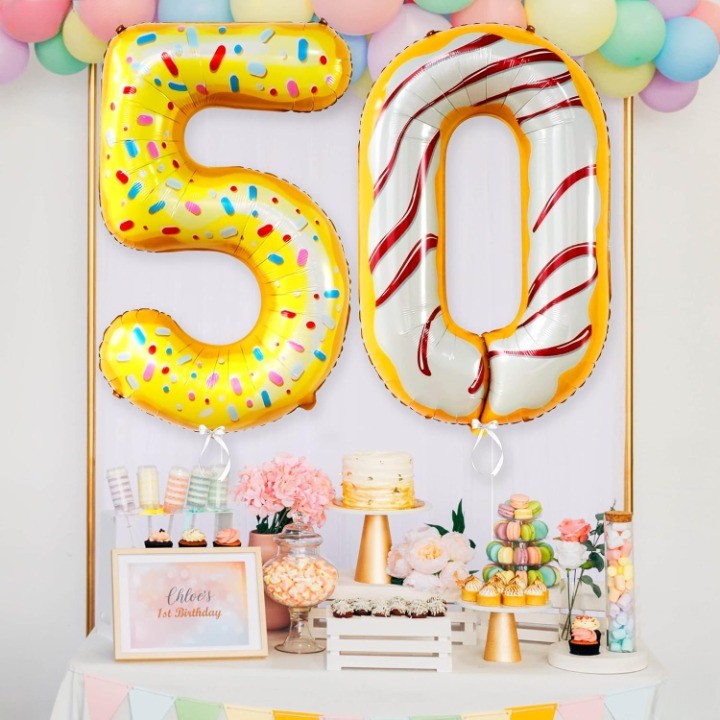 Balon din Folie Metalizata Vivimall, Figurina Cifra, Imprimeu Gogosi, Tema Aniversare 100 cm, Ambalaj Individual, Pai inclus, Umflare cu Aer sau Heliu, Multicolor, Cifra 0 - vivimall.ro