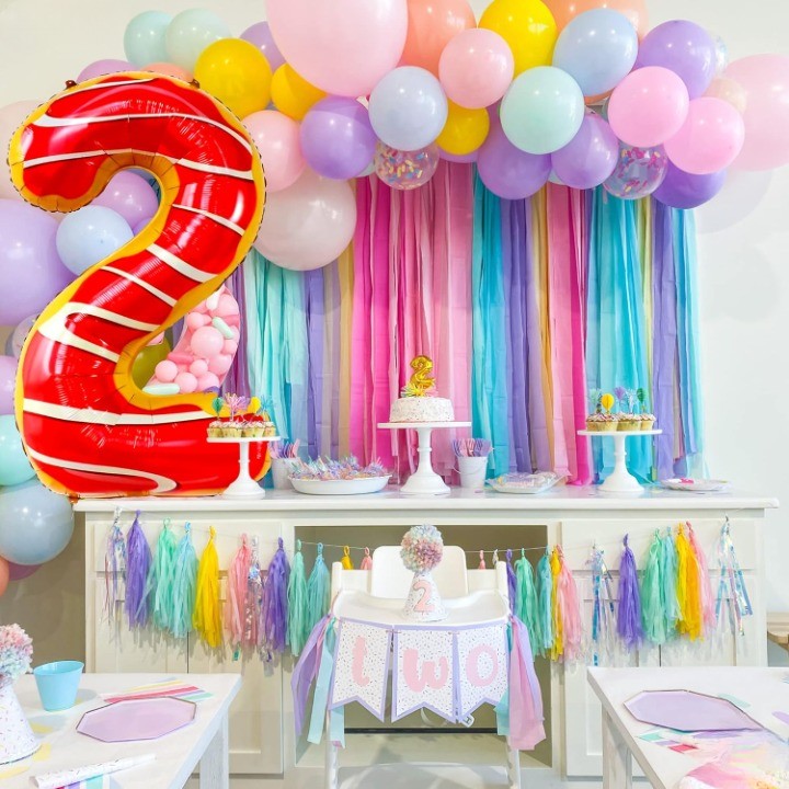 Balon din Folie Metalizata Vivimall, Figurina Cifra, Imprimeu Gogosi, Tema Aniversare 100 cm, Ambalaj Individual, Pai inclus, Umflare cu Aer sau Heliu, Multicolor, Cifra 2 - vivimall.ro