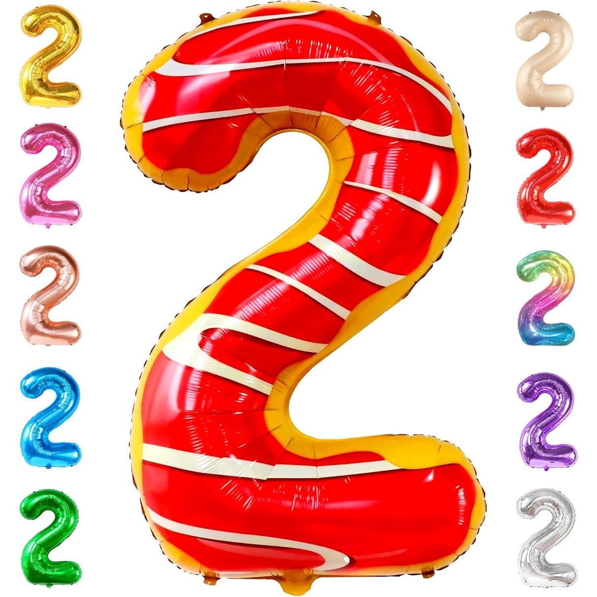 Balon din Folie Metalizata Vivimall, Figurina Cifra, Imprimeu Gogosi, Tema Aniversare 100 cm, Ambalaj Individual, Pai inclus, Umflare cu Aer sau Heliu, Multicolor, Cifra 2 - vivimall.ro