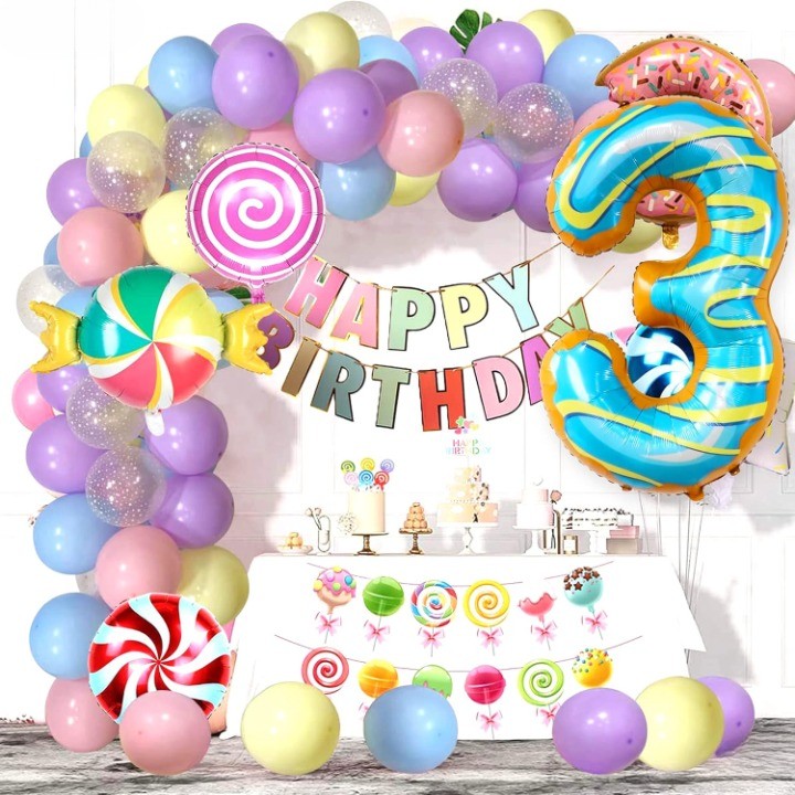 Balon din Folie Metalizata Vivimall, Figurina Cifra, Imprimeu Gogosi, Tema Aniversare 100 cm, Ambalaj Individual, Pai inclus, Umflare cu Aer sau Heliu, Multicolor, Cifra 3 - vivimall.ro