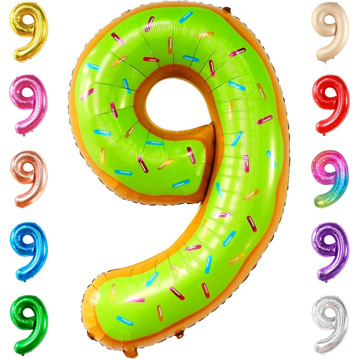 Balon din Folie Metalizata Vivimall, Figurina Cifra, Imprimeu Gogosi, Tema Aniversare 100 cm, Ambalaj Individual, Pai inclus, Umflare cu Aer sau Heliu, Multicolor, Cifra 9 - vivimall.ro