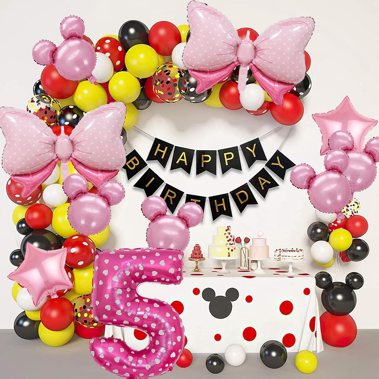 Balon din Folie Metalizata Vivimall, Figurina Cifra, Imprimeu Inimi, Tema Aniversare 80 cm, Ambalaj Individual, Pai inclus, Umflare cu Aer sau Heliu, Roz, Cifra 5 - vivimall.ro