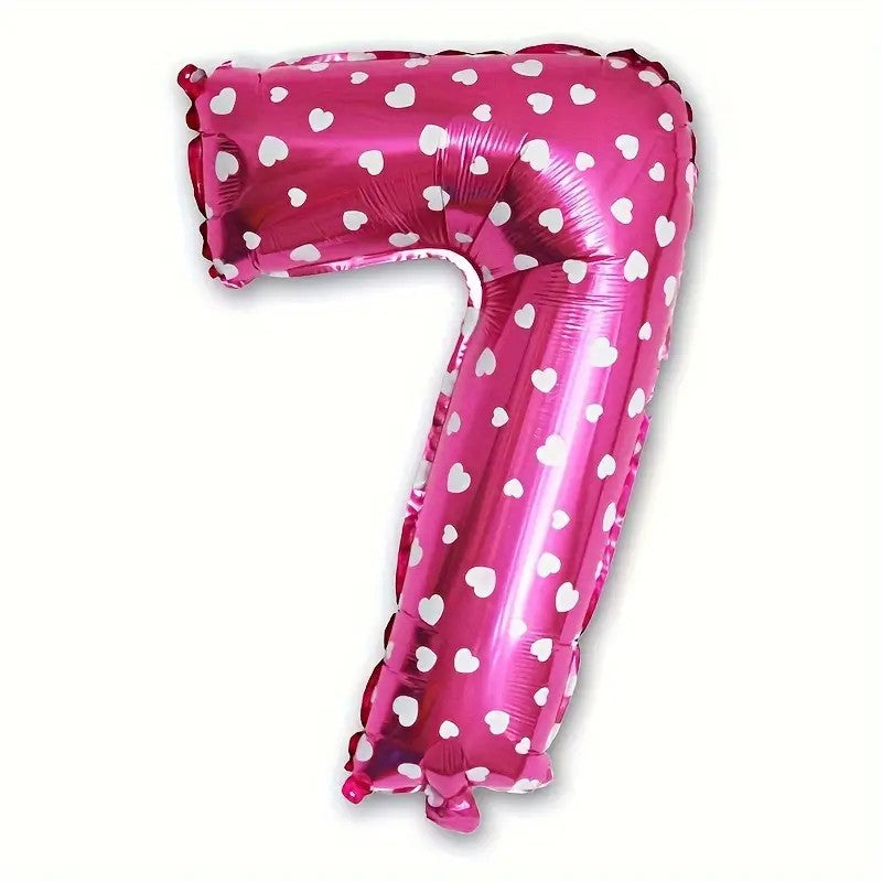 Balon din Folie Metalizata Vivimall, Figurina Cifra, Imprimeu Inimi, Tema Aniversare 80 cm, Ambalaj Individual, Pai inclus, Umflare cu Aer sau Heliu, Roz, Cifra 7 - vivimall.ro