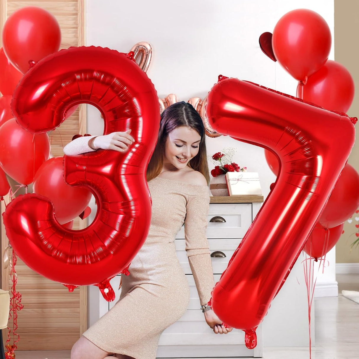 Balon din Folie Metalizata, Vivimall, Figurina Cifra, Model 7, Tema Aniversare 40 cm, Ambalaj Individual, Pai Inclus, Umflare cu Aer sau Heliu, Rosu - vivimall.ro