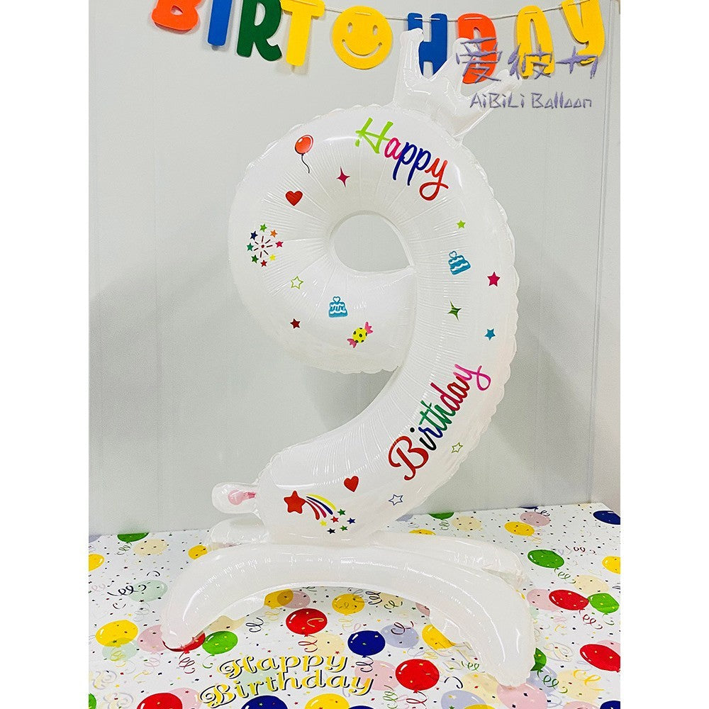 Balon din Folie Metalizata, Vivimall, Figurina Cifra, Model 9 cu Happy Birthday Scris, Tema Aniversare 81 cm, Ambalaj Individual, Pai Inclus, Umflare cu Aer sau Heliu, Alb - vivimall.ro