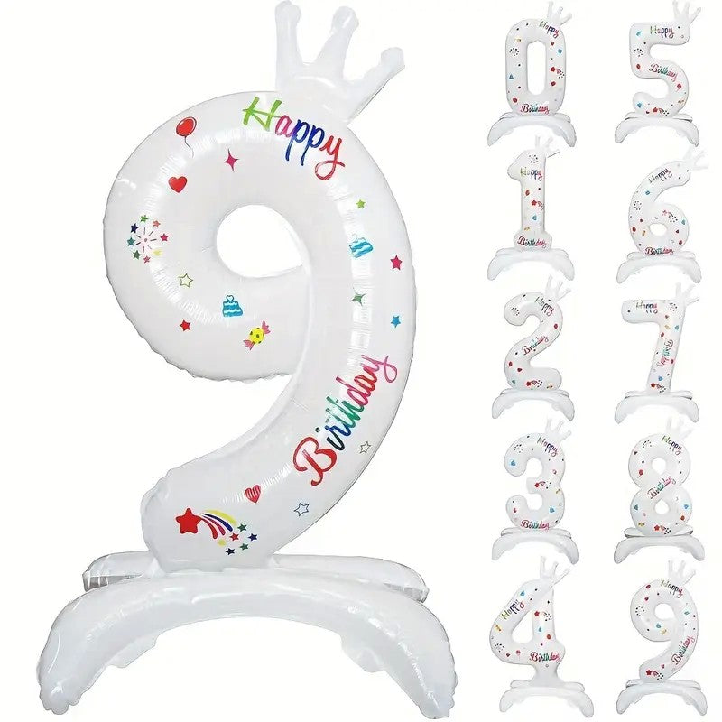 Balon din Folie Metalizata, Vivimall, Figurina Cifra, Model 9 cu Happy Birthday Scris, Tema Aniversare 81 cm, Ambalaj Individual, Pai Inclus, Umflare cu Aer sau Heliu, Alb - vivimall.ro