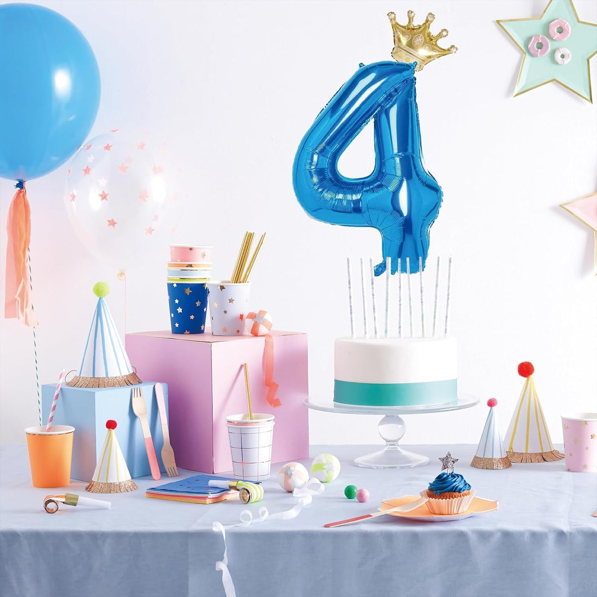 Balon din Folie Metalizata Vivimall, Figurina Cifra si Coroana, Tema Aniversare 100 cm, Ambalaj Individual, Pai inclus, Umflare cu Aer sau Heliu, Albastru, Cifra 4 - vivimall.ro