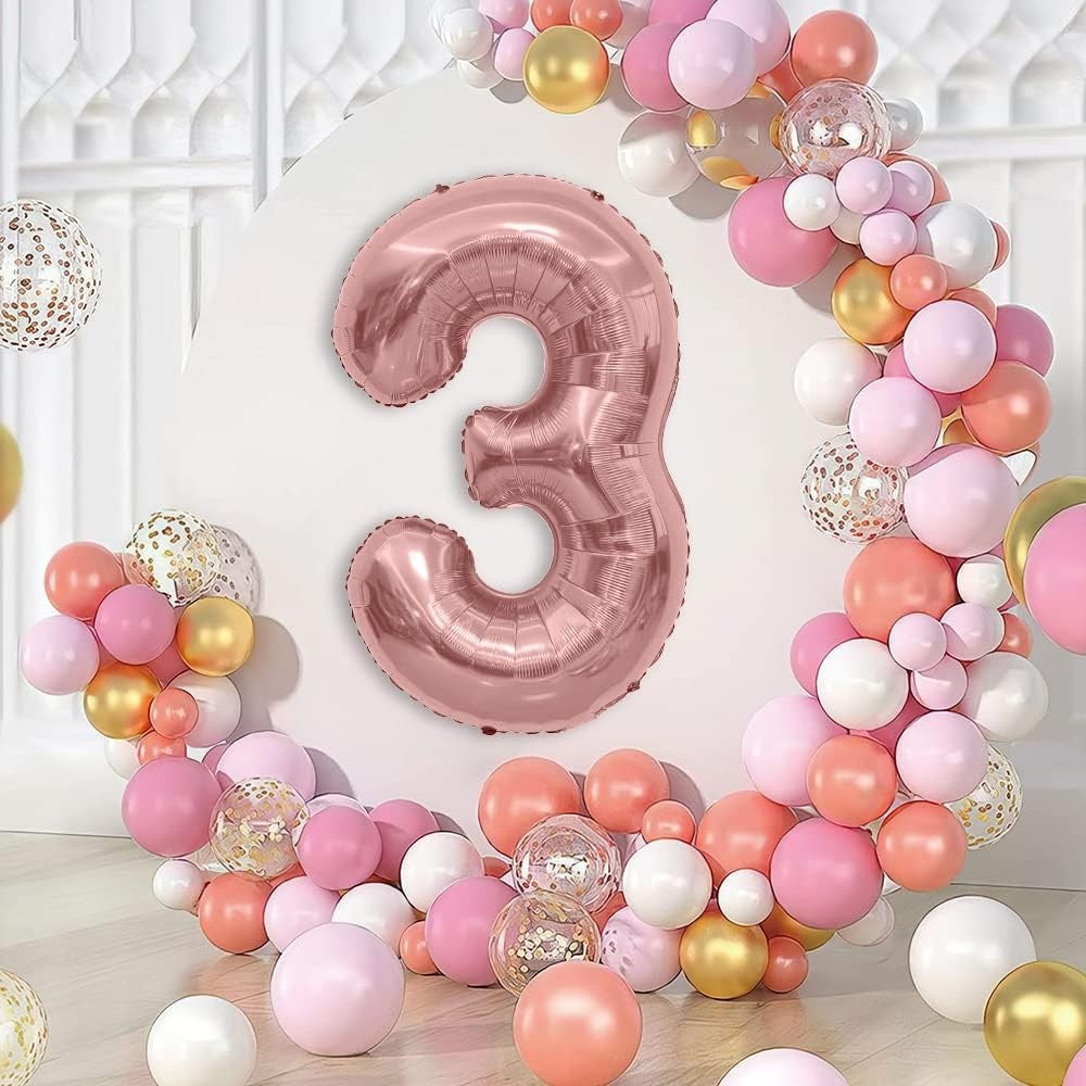 Balon din Folie Metalizata Vivimall, Figurina Cifra, Tema Aniversare 100 cm, Ambalaj Individual, Pai inclus, Umflare cu Aer sau Heliu, Coral, Rose Gold, Cifra 3 - vivimall.ro