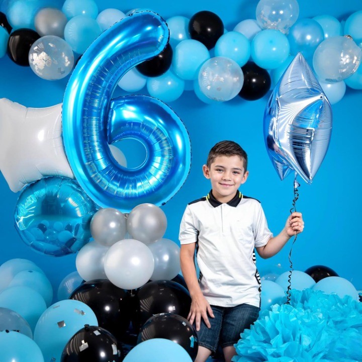 Balon din Folie Metalizata Vivimall, Figurina Cifra, Tema Aniversare 40 cm, Ambalaj Individual, Pai inclus, Umflare cu Aer sau Heliu, Albastru, Cifra 6 - vivimall.ro