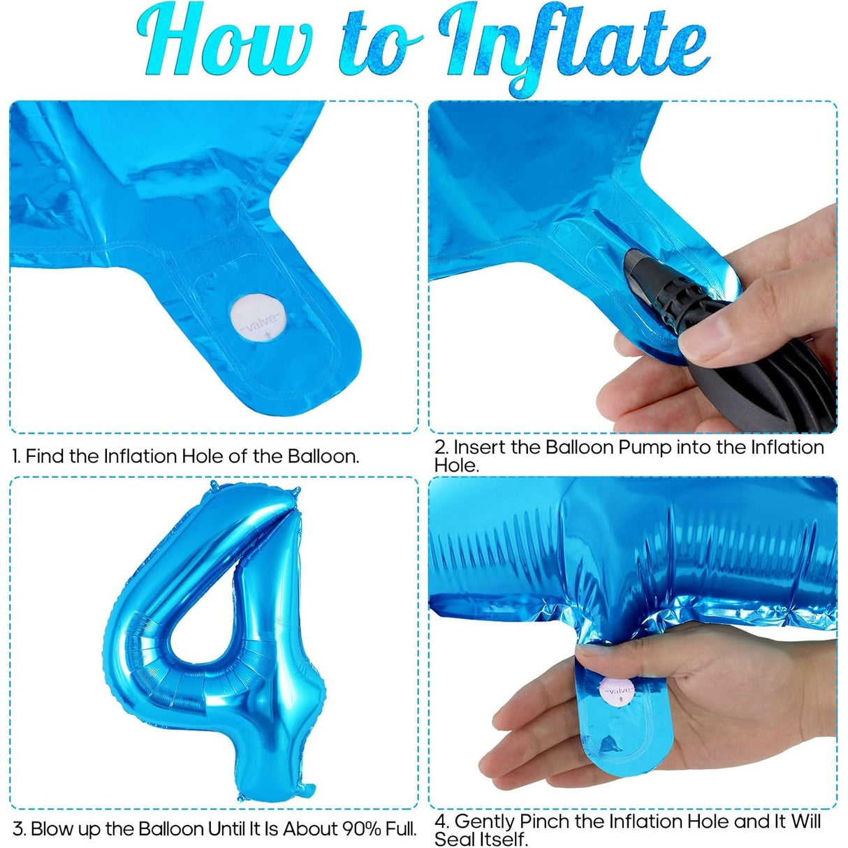 Balon din Folie Metalizata Vivimall, Figurina Cifra, Tema Aniversare 40 cm, Ambalaj Individual, Pai inclus, Umflare cu Aer sau Heliu, Albastru, Cifra 4 - vivimall.ro