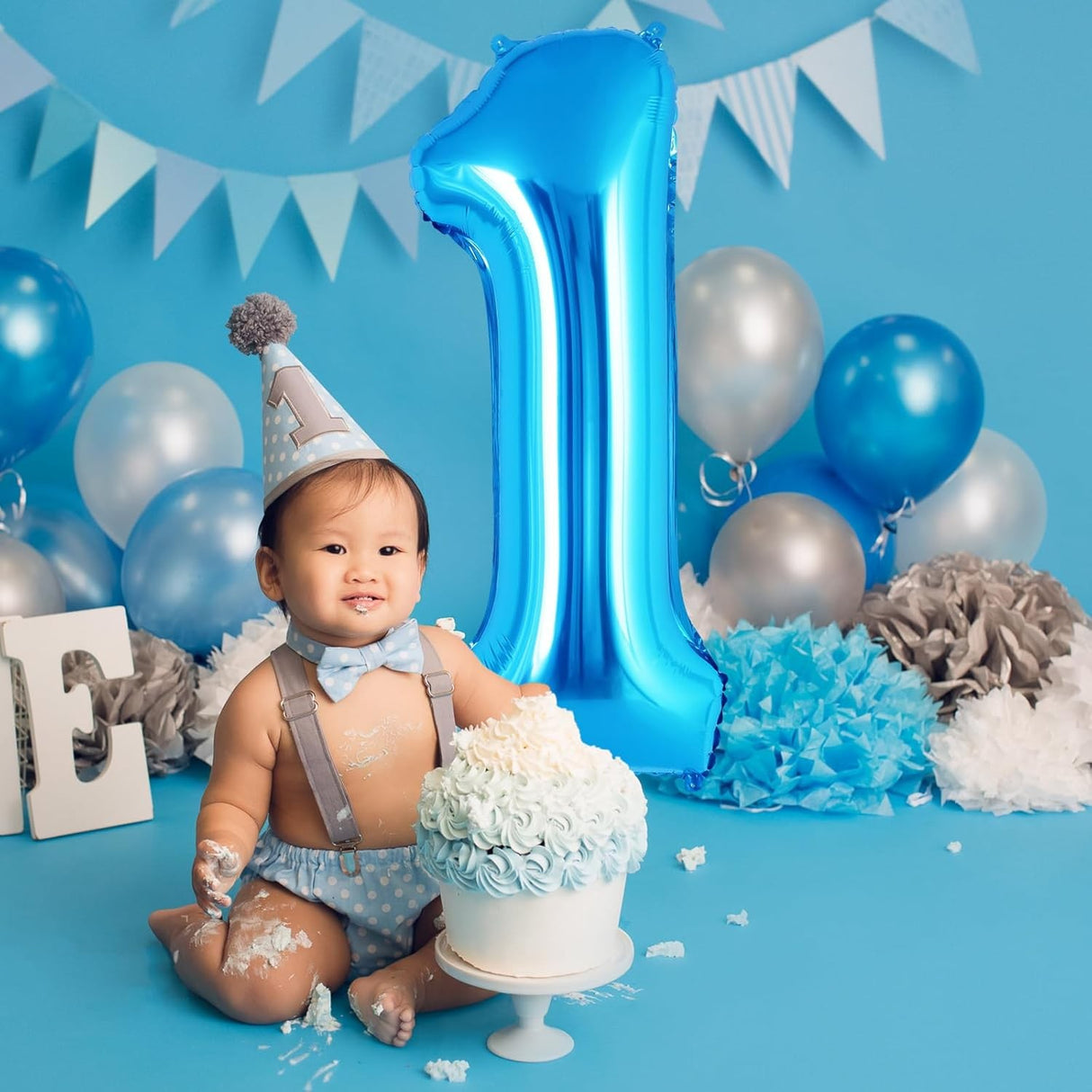 Balon din Folie Metalizata Vivimall, Figurina Cifra, Tema Aniversare 40 cm, Ambalaj Individual, Pai inclus, Umflare cu Aer sau Heliu, Albastru, Cifra 1 - vivimall.ro