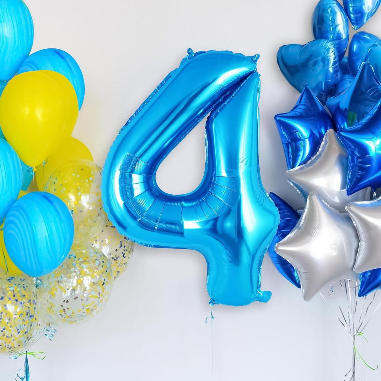 Balon din Folie Metalizata, Vivimall, Figurina Cifra, Tema Aniversare 80 cm, Ambalaj Individual, Pai inclus, Umflare cu Aer sau Heliu, Albastru, Cifra 4 - vivimall.ro