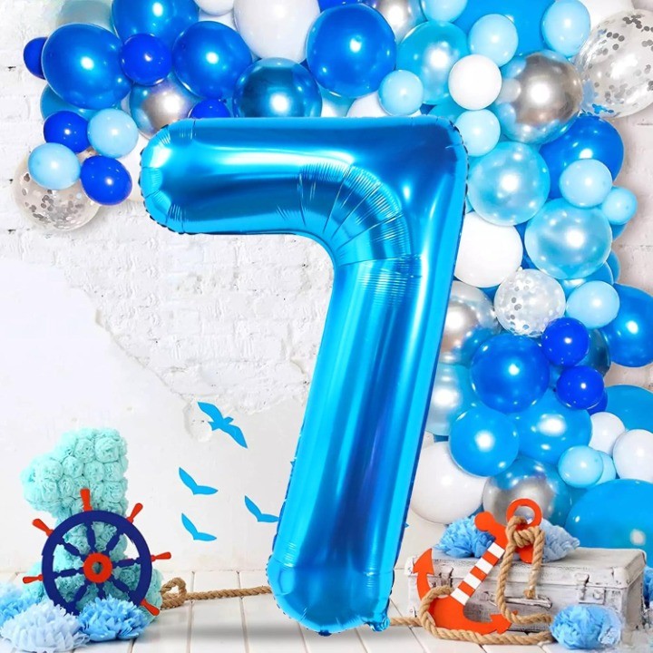 Balon din Folie Metalizata, Vivimall, Figurina Cifra, Tema Aniversare 80 cm, Ambalaj Individual, Pai inclus, Umflare cu Aer sau Heliu, Albastru, Cifra 7 - vivimall.ro