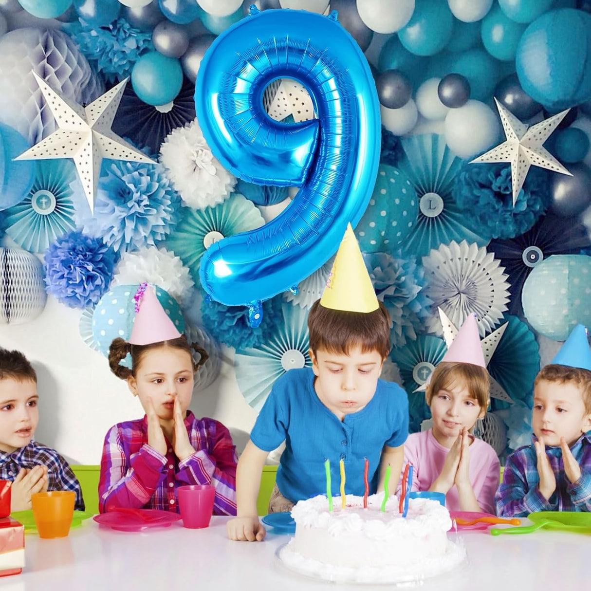 Balon din Folie Metalizata, Vivimall, Figurina Cifra, Tema Aniversare 80 cm, Ambalaj Individual, Pai inclus, Umflare cu Aer sau Heliu, Albastru, Cifra 9 - vivimall.ro