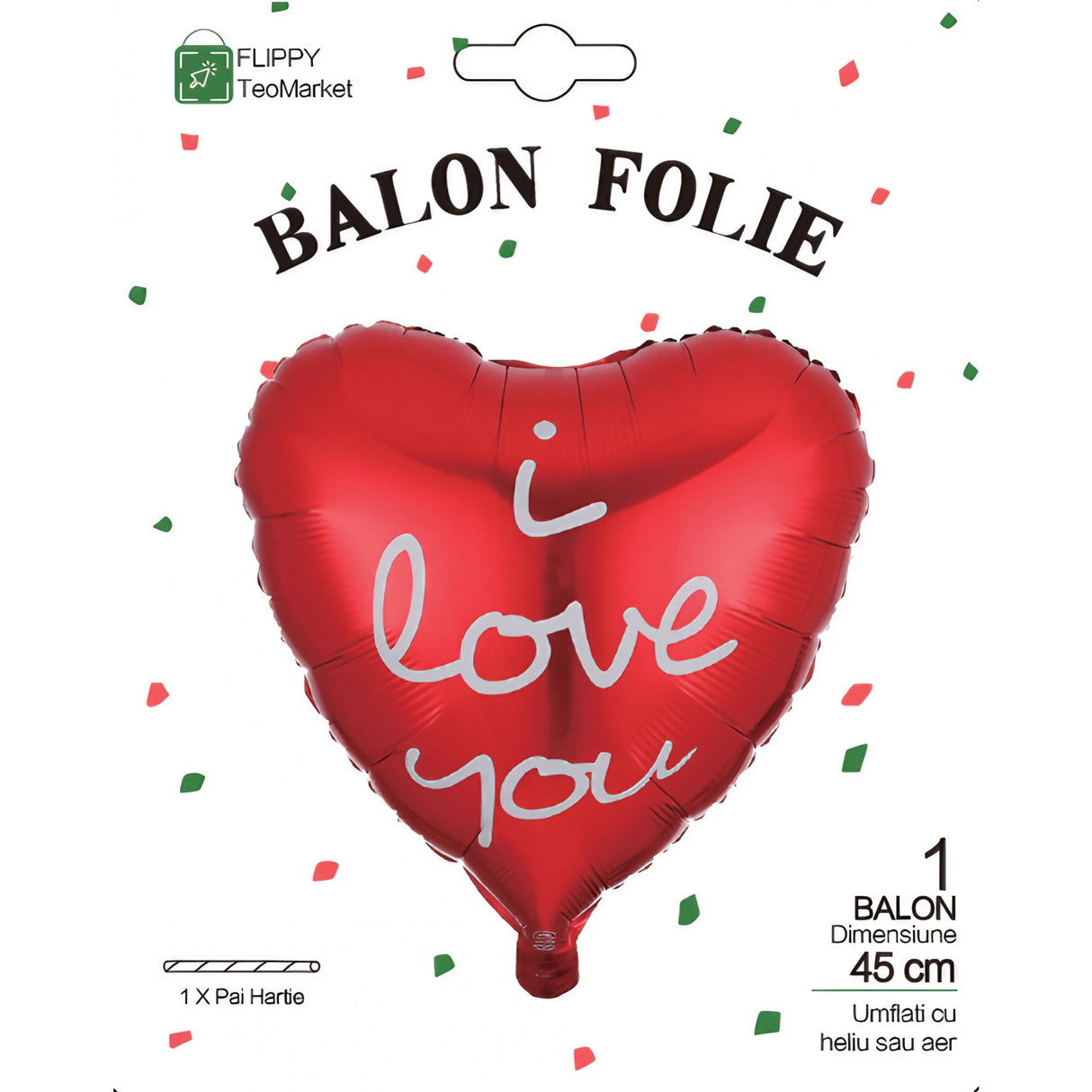 Balon din Folie Metalizata, Vivimall, Figurina Inima, Model I Love You Scris de Mana, Tema Ziua Indragostitilor, 45 cm, Ambalaj Individual, Pai Inclus, Umflare cu Aer sau Heliu, Rosu - vivimall.ro