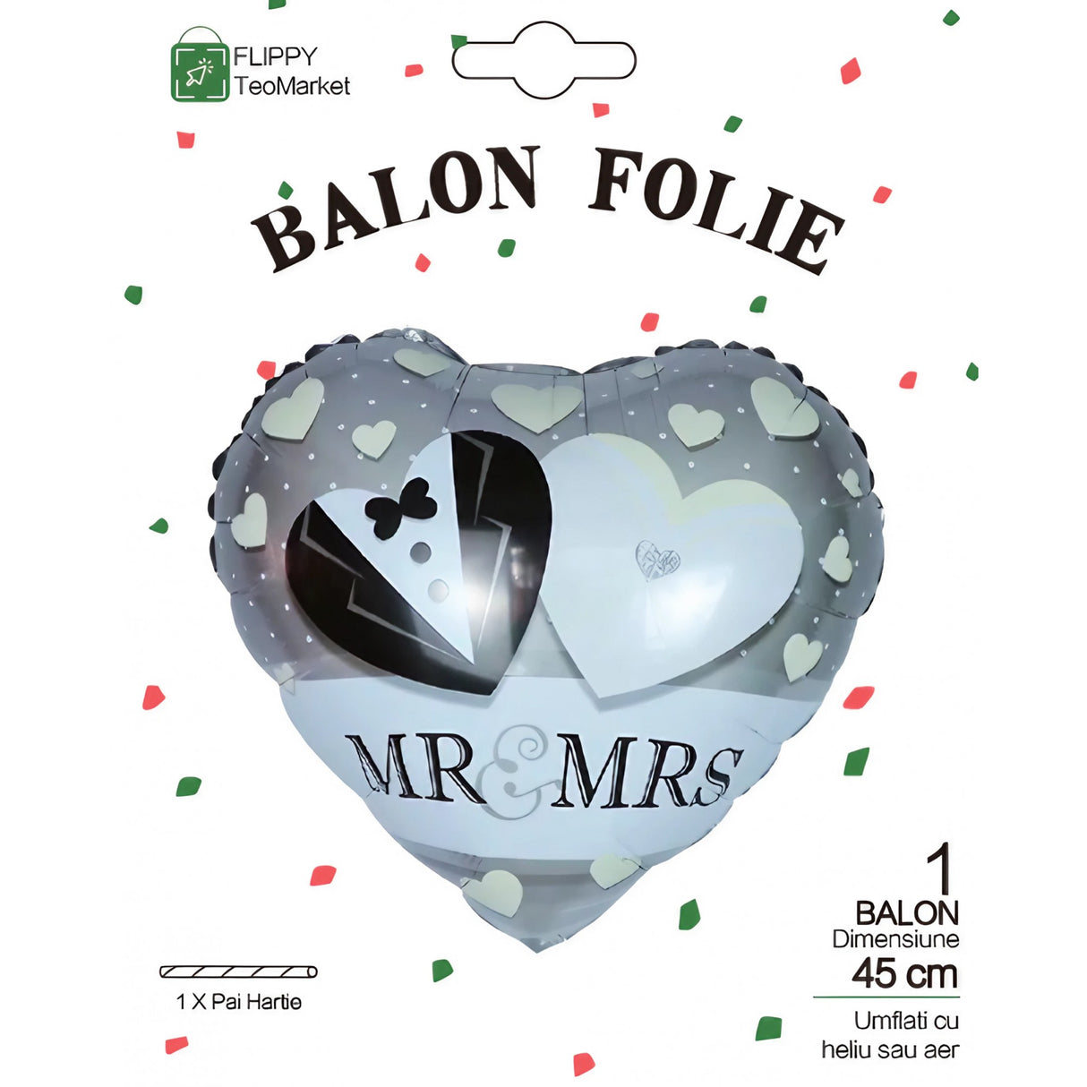 Balon din Folie Metalizata, Vivimall, Figurina Inima, Model Mr&Mrs, Tema Nunta, 45 cm, Ambalaj Individual, Pai Inclus, Umflare cu Aer sau Heliu, Gri - vivimall.ro