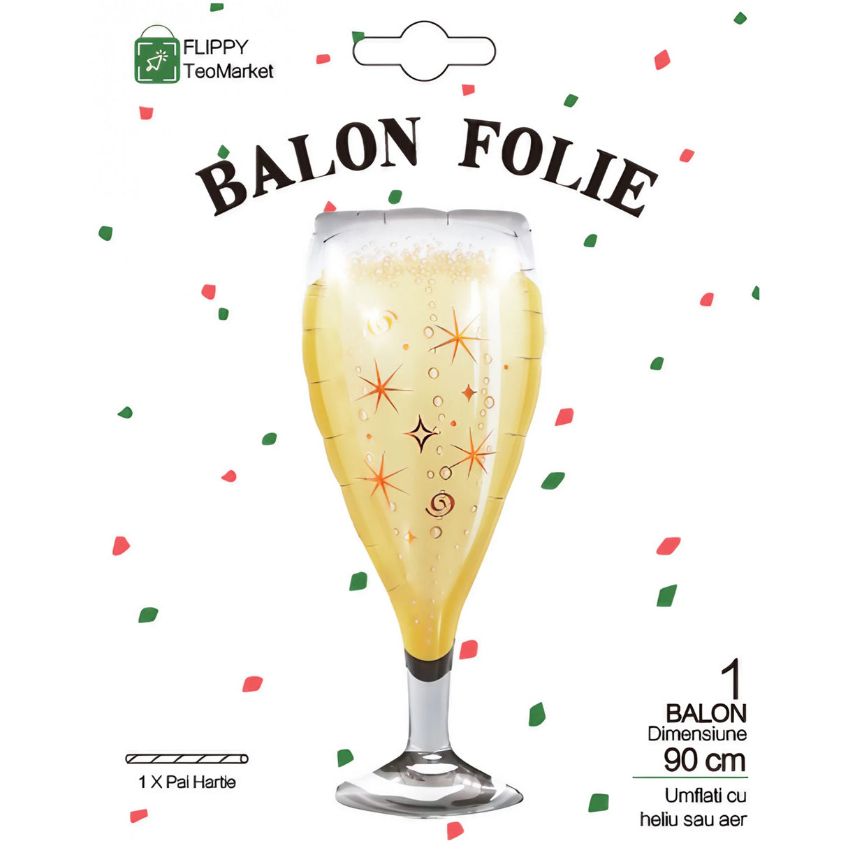 Balon din Folie Metalizata, Vivimall, Figurina Pahar de Sampanie, Tema Aniversare, 100x40 cm, Ambalaj Individual, Pai Inclus, Umflare cu Aer sau Heliu, Auriu - vivimall.ro