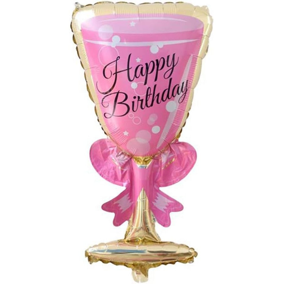 Balon din Folie Metalizata, Vivimall, Figurina Pahar de Vin, Tema Aniversare, 93x48 cm, Ambalaj Individual, Pai Inclus, Umflare cu Aer sau Heliu, Roz - vivimall.ro