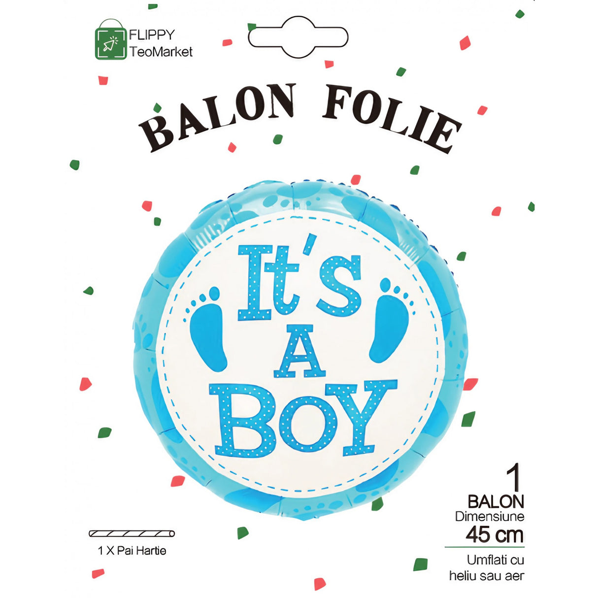 Balon din Folie Metalizata, Vivimall, Figurina Rotunda, Model It's a Boy, Tema Gender Reveal, 45 cm, Ambalaj Individual, Pai Inclus, Umflare cu Aer sau Heliu, Albastru - vivimall.ro