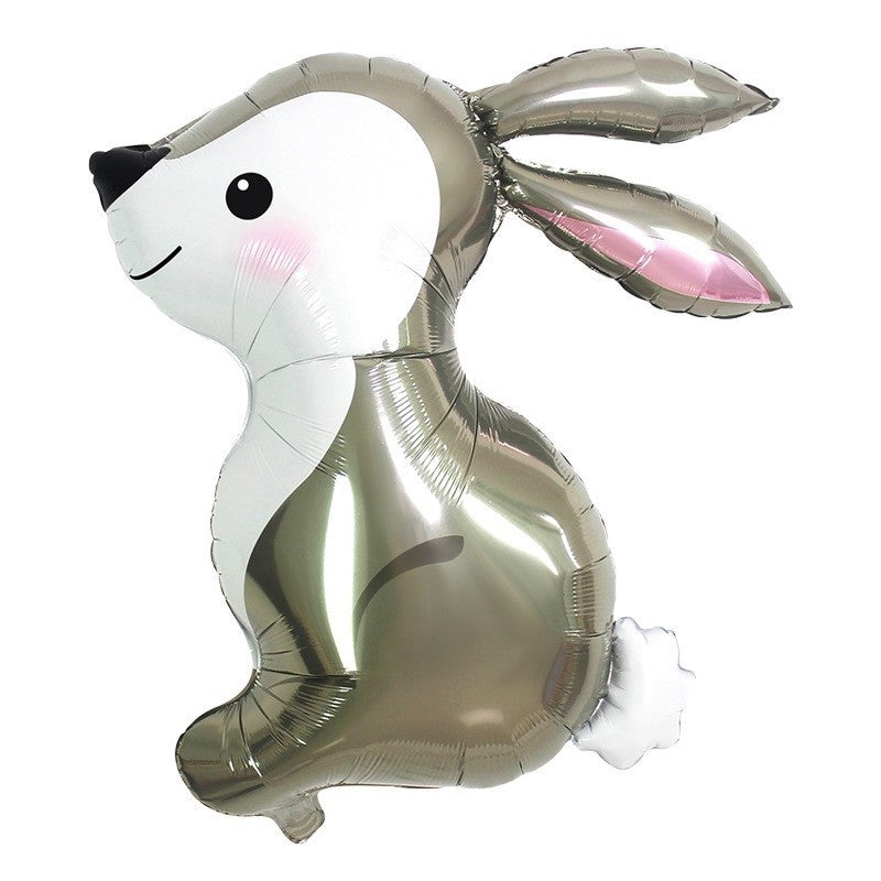 Balon din Folie Metalizata, Vivimall, Ambalaj Individual, Pai Inclus, Model Iepure, Tema Animalute, 56x73 cm, Umflare cu Aer sau Heliu, Gri - vivimall.ro