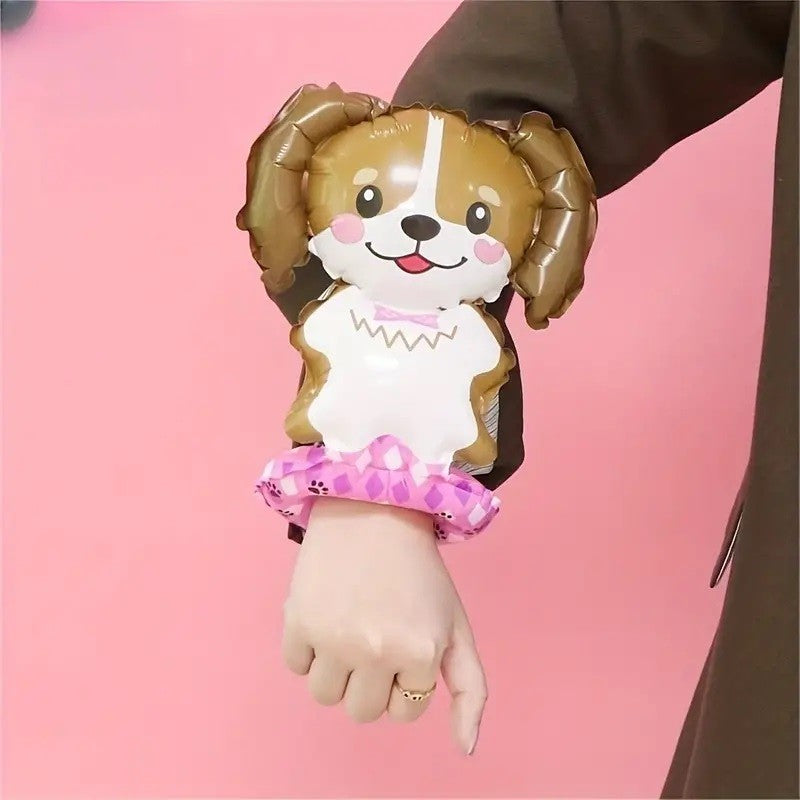 Balon din Folie Metalizata, Vivimall, Figurine Animalute, Tip Bratara, Model Catel, 13 x 35 cm, Ambalaj Individual, Pai Inclus, Umflare cu Aer sau Heliu, Maro - vivimall.ro