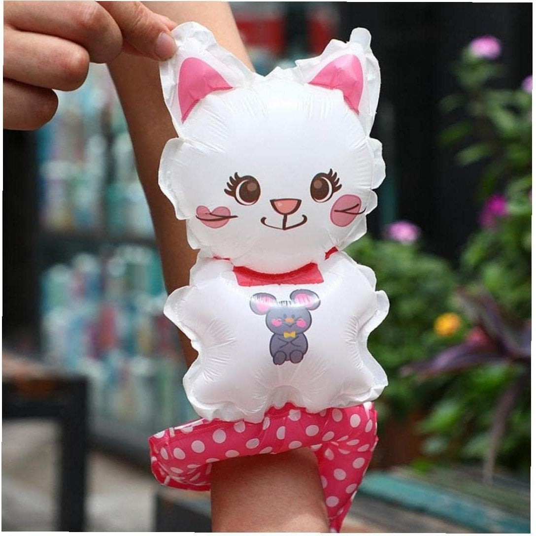 Balon din Folie Metalizata, Vivimall, Figurine Animalute, Tip Bratara, Model Pisica, 13 x 35 cm, Ambalaj Individual, Pai Inclus, Umflare cu Aer sau Heliu, Alb - vivimall.ro