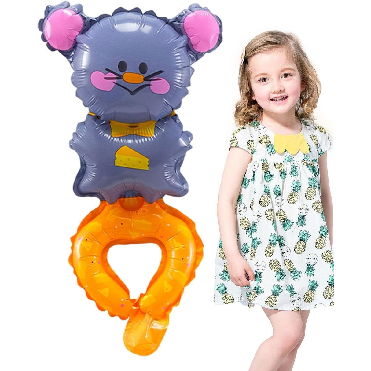 Balon din Folie Metalizata, Vivimall, Figurine Animalute, Tip Bratara, Model Soricel, Ambalaj Individual, Pai Inclus, Umflare cu Aer sau Heliu, Gri - vivimall.ro