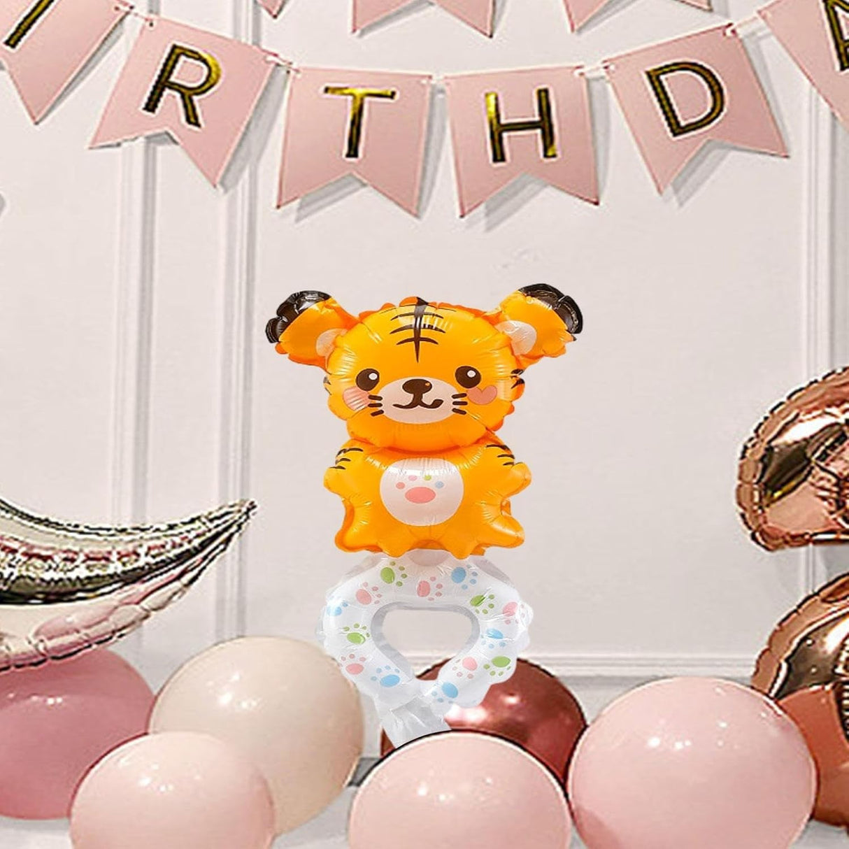 Balon din Folie Metalizata, Vivimall, Figurine Animalute, Tip Bratara, Model Tigru, 17x34 cm, Ambalaj Individual, Pai Inclus, Umflare cu Aer sau Heliu, Maro - vivimall.ro