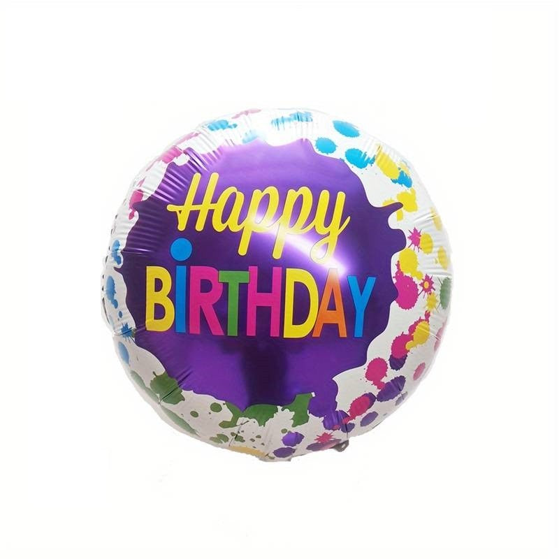 Set 3 Baloane din Folie Metalizata, Vivimall, Mini Figurina Rotunda, Model Happy Birthday, 45 cm, Ambalaj Individual, Pai inclus, Umflare cu Aer sau cu Heliu, Multicolor - vivimall.ro