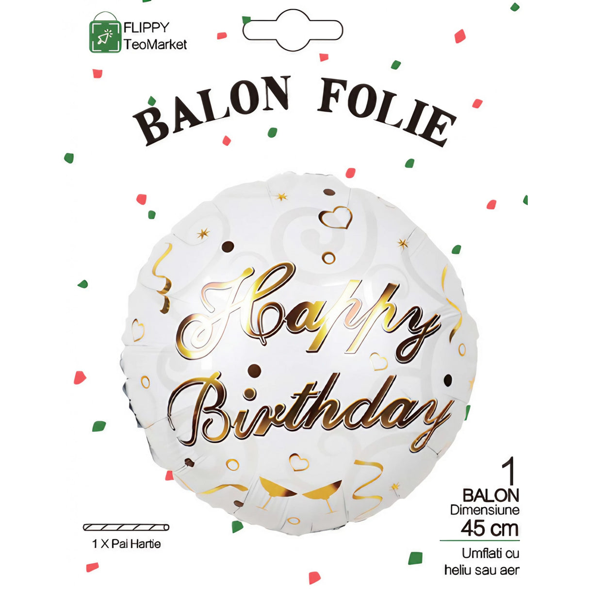 Balon din Folie Metalizata, Vivimall, Mini Figurina Rotunda, Model Happy Birthday, Tema Aniversare, 45 cm, Ambalaj Individual, Pai inclus, Umflare cu Aer sau Heliu, Argintiu - vivimall.ro