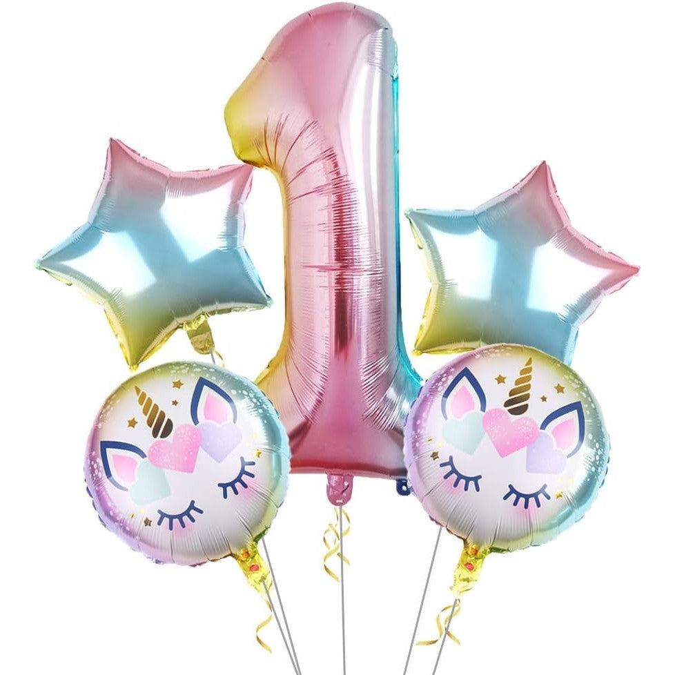 Balon din Folie Metalizata, Vivimall, Mini Figurina Rotunda, Model Unicorn, Happy Birthday, Tematica Aniversare, 45 cm, Ambalaj Individual, Pai Inclus, Umflare cu Aer sau Heliu, Multicolor - vivimall.ro