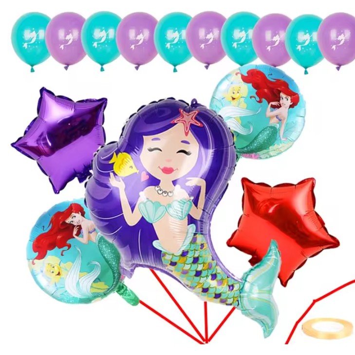Balon din Folie Metalizata, Vivimall, Mini Figurine, Model Sirena cu Par Mov, Tematica Aniversare, 39x37 cm, Ambalaj Individual, Pai Inclus, Umflare cu Aer sau Heliu, Multicolor - vivimall.ro