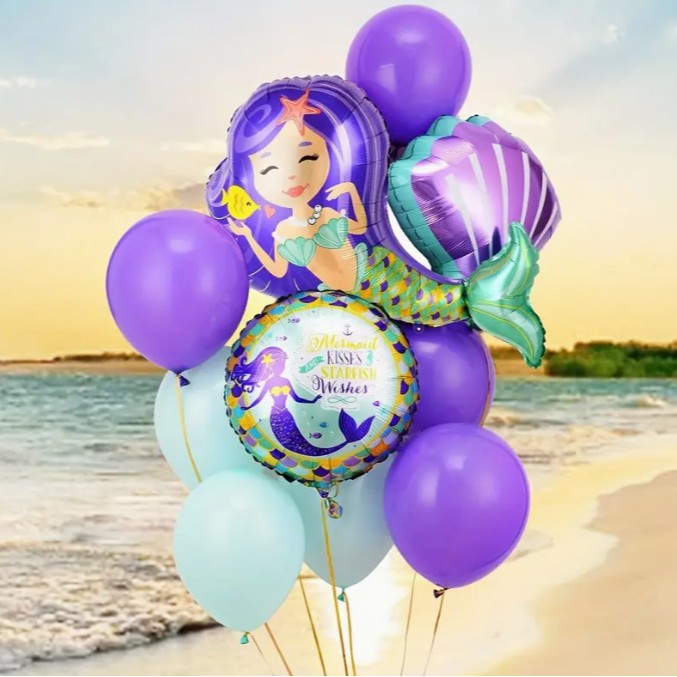 Balon din Folie Metalizata, Vivimall, Mini Figurine, Model Sirena cu Par Mov, Tematica Aniversare, 39x37 cm, Ambalaj Individual, Pai Inclus, Umflare cu Aer sau Heliu, Multicolor - vivimall.ro