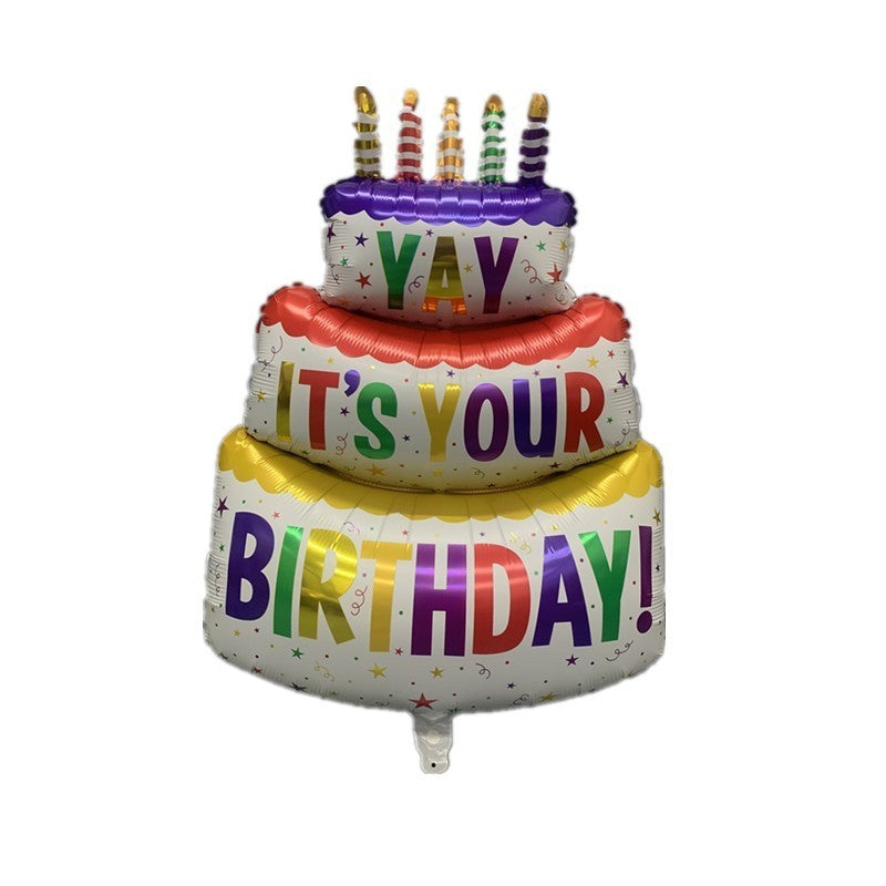 Balon din Folie Metalizata, Vivimall, Model Tort cu 3 Straturi, Balon Aniversar, Model Birthday Cake, 102x62 cm, Ambalaj Individual, Pai inclus, Umflare cu Aer sau Heliu, Multicolor - vivimall.ro
