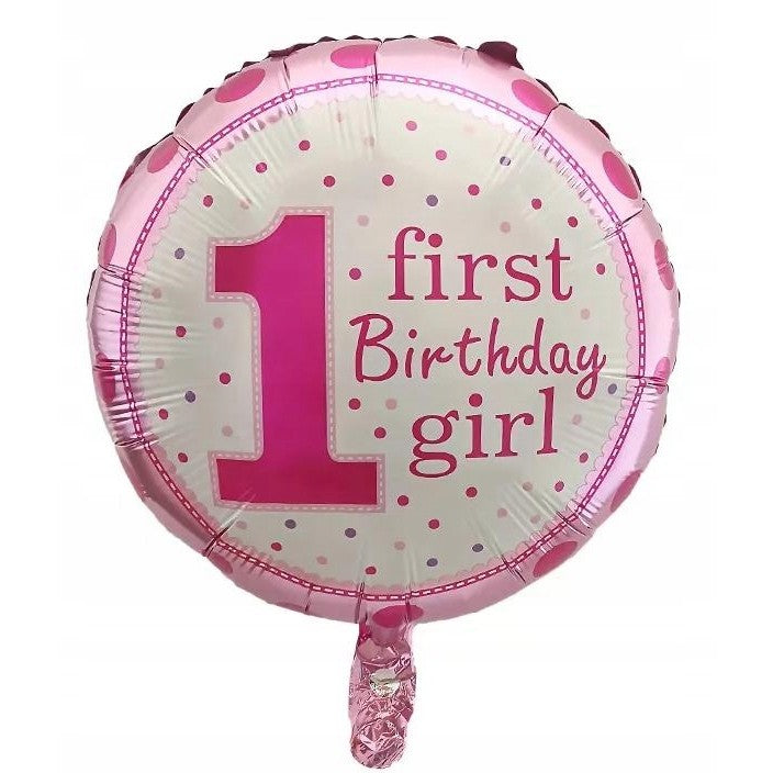 Balon din Folie Metalizata, Vivimall, Prima Aniversare, Model First Birthday Girl, 45 cm, Ambalaj Individual, Pai Inclus, Umflare cu Aer sau Heliu, Roz - vivimall.ro