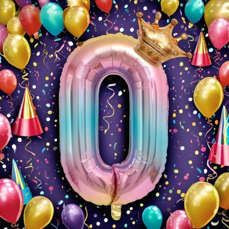 Balon din Folie Metalizata, Vivimall, Figurina Cifra Gradient, Tema Aniversare 80 cm, Ambalaj Individual, Pai inclus, Umflare cu Aer sau Heliu, Coronita, Cifra 0 - vivimall.ro