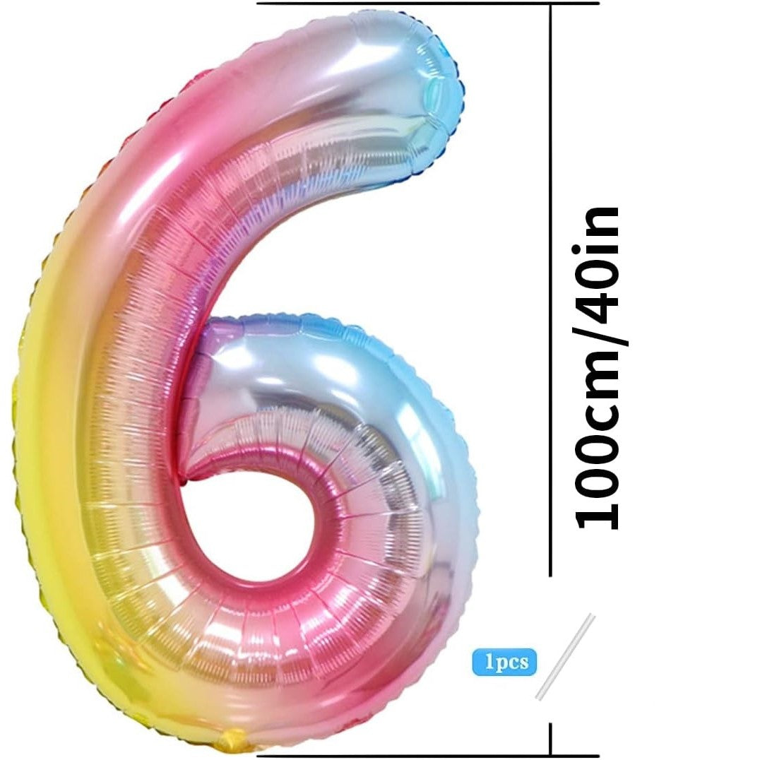 Balon din Folie Metalizata Gradient Vivimall, Figurina Cifra, Tema Aniversare 100 cm, Ambalaj Individual, Pai inclus, Umflare cu Aer sau Heliu, Multicolor, Cifra 6 - vivimall.ro