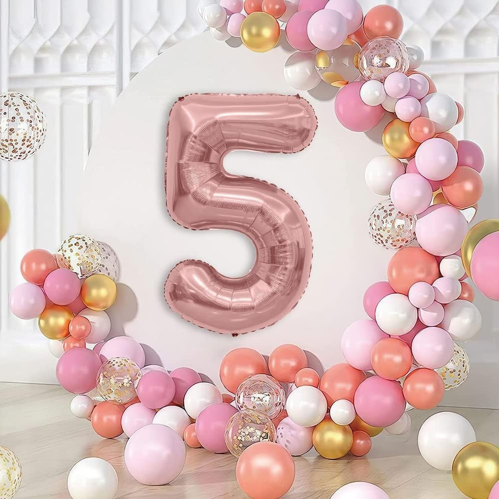 Balon din Folie Metalizata Vivimall, Figurina Cifra, Tema Aniversare 100 cm, Ambalaj Individual, Pai inclus, Umflare cu Aer sau Heliu, Coral, Rose, Cifra 5 - vivimall.ro
