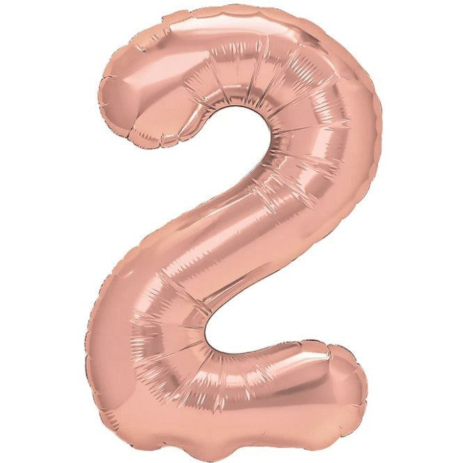 Balon din Folie Metalizata Vivimall, Figurina Cifra, Tema Aniversare 40 cm, Ambalaj Individual, Pai inclus, Umflare cu Aer sau Heliu, Rose Gold, Cifra 2 - vivimall.ro