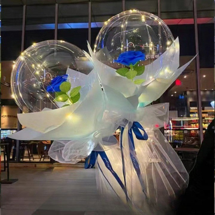 Trandafir in Balon LED cu Lumini, Vivimall, Tip Buchet, Diametru 35 cm, Albastru - vivimall.ro