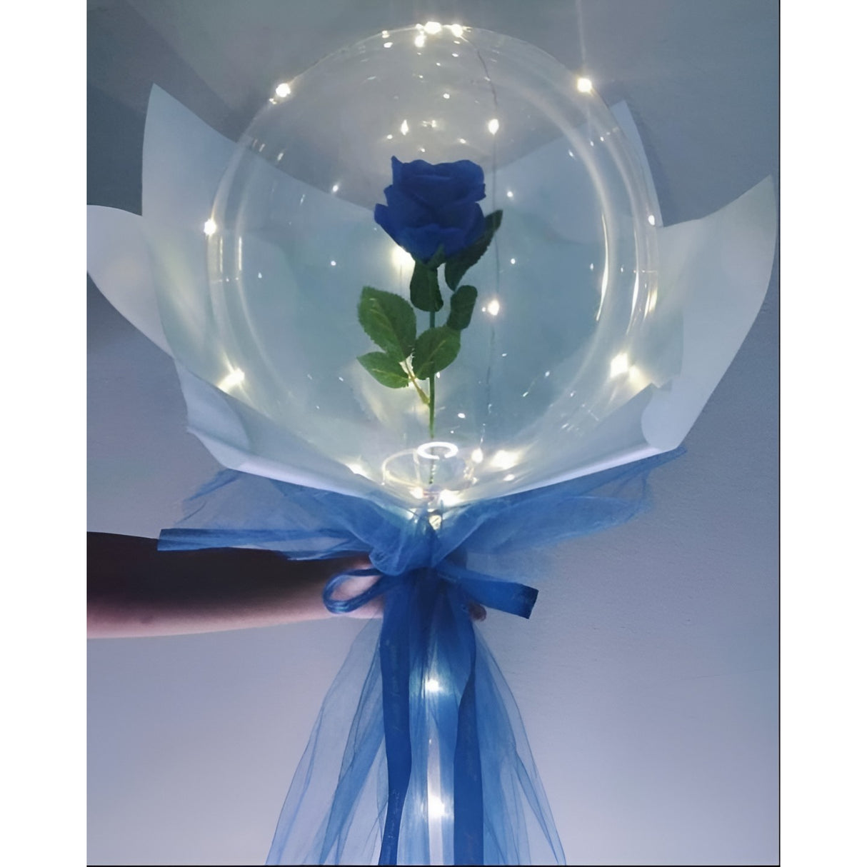 Trandafir in Balon LED cu Lumini, Vivimall, Tip Buchet, Diametru 35 cm, Albastru - vivimall.ro