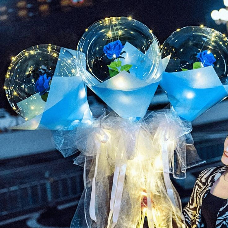 Trandafir in Balon LED cu Lumini, Vivimall, Tip Buchet, Diametru 35 cm, Albastru - vivimall.ro