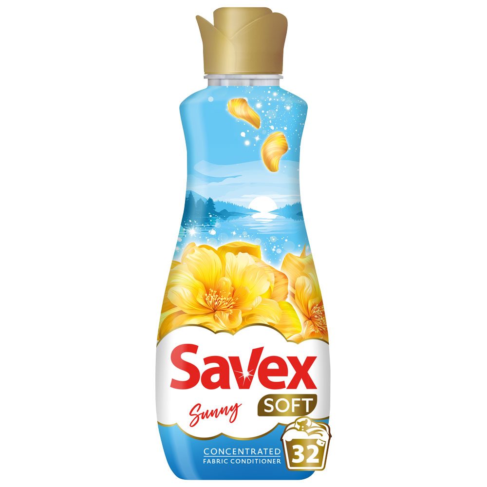 Balsam concentrat pentru rufe Savex Soft Sunny 800 ml, flacon alb-galben, 32 spălări, vedere frontală