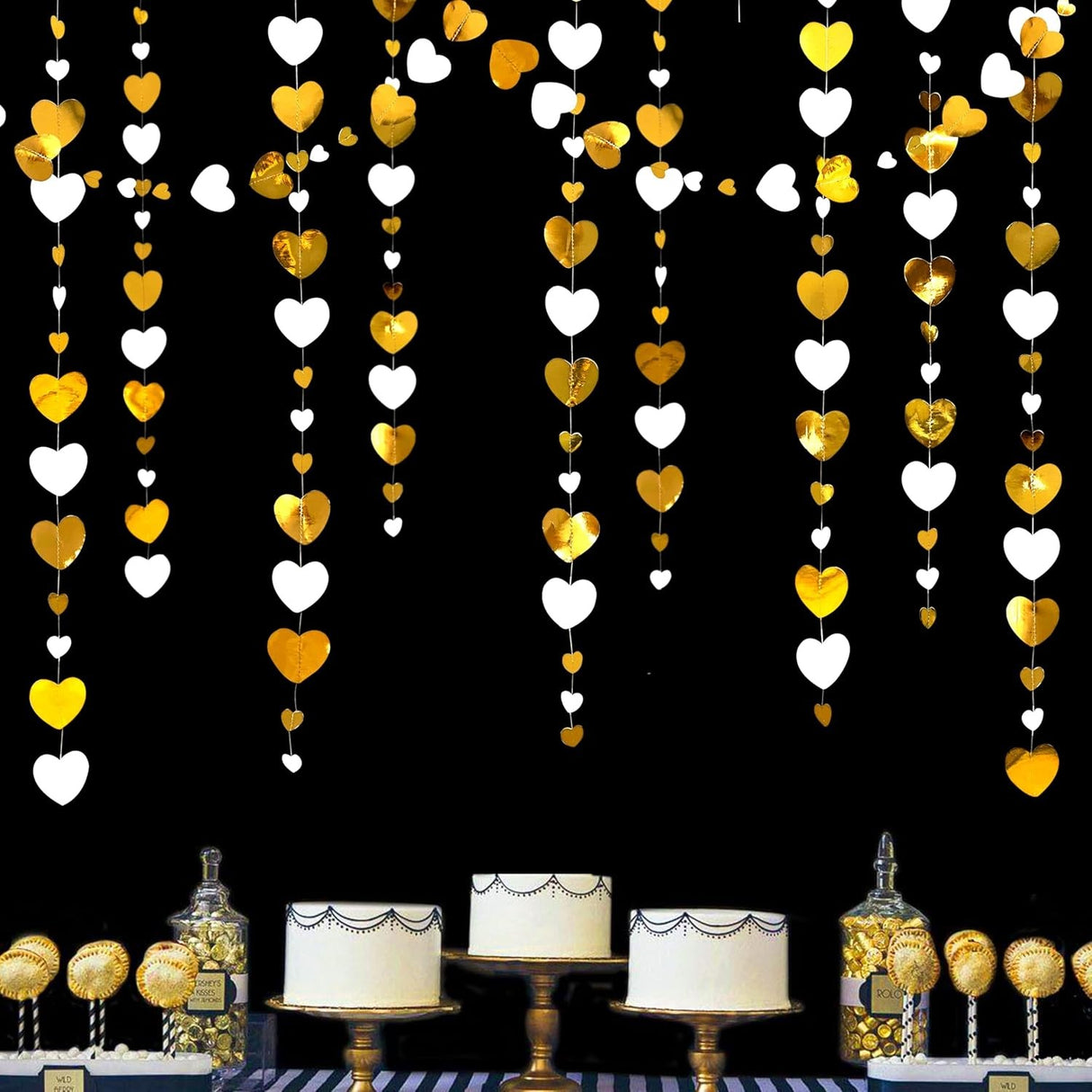 Banner cu Inimioare, Vivimall, Tip Franjuri, 4 m, Rola de Ata Inclusa, Auriu/Alb - vivimall.ro