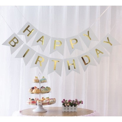 Banner Happy Birthday 100x200 cm, Vivimall, Dimensiune Stegulet 11.5x16.5 cm, Rola de Ata Inclusa, Alb - vivimall.ro