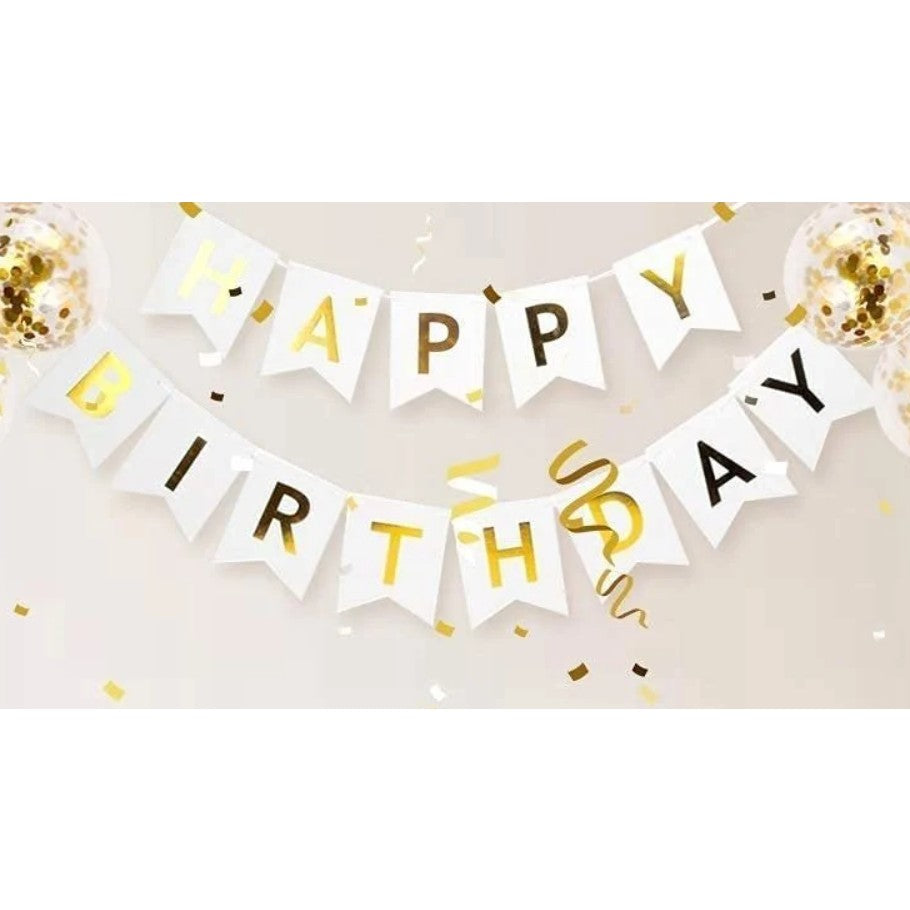 Banner Happy Birthday 100x200 cm, Vivimall, Dimensiune Stegulet 11.5x16.5 cm, Rola de Ata Inclusa, Alb - vivimall.ro