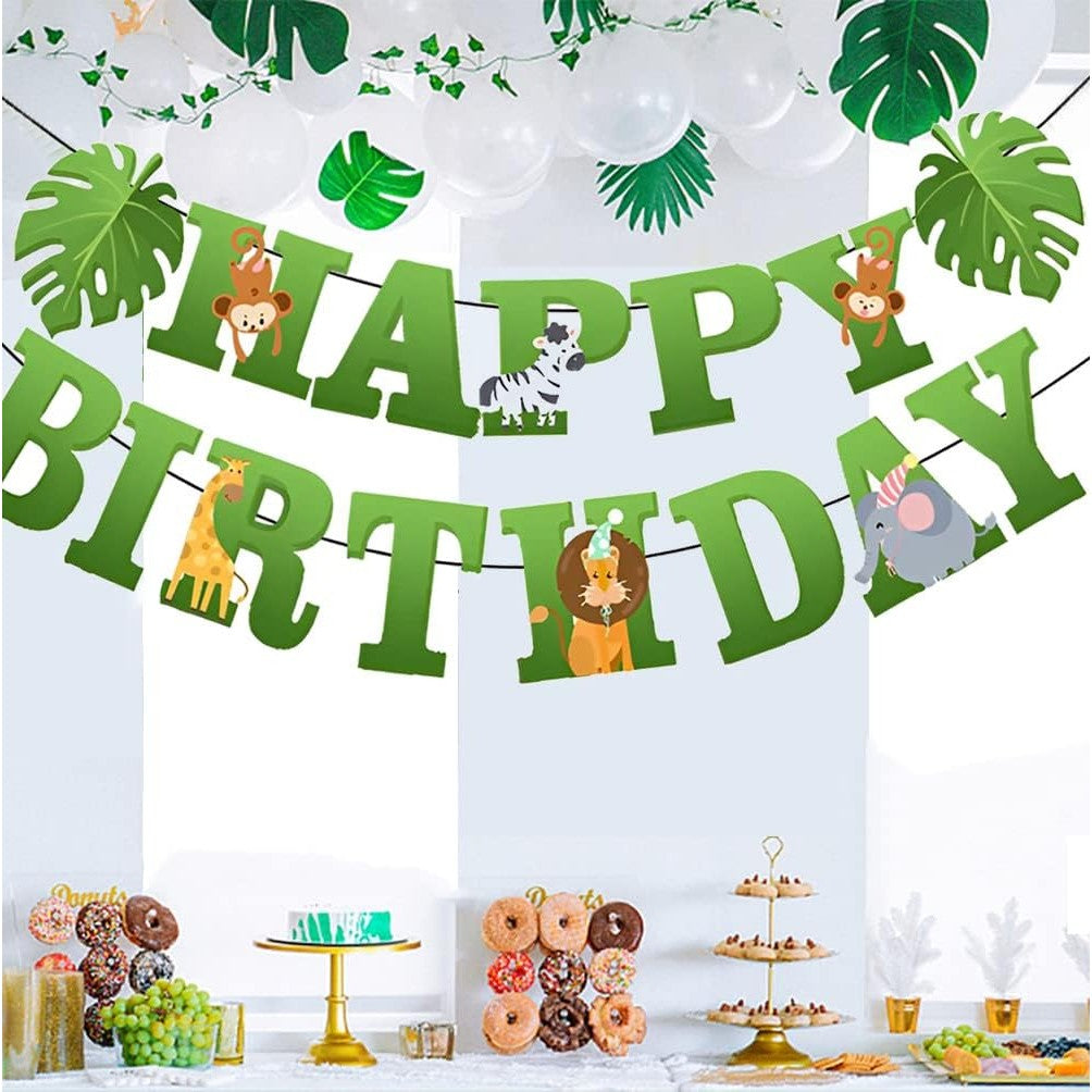 Banner Happy Birthday 100x200 cm, Vivimall, Rola de Ata Inclusa, Tematica Jungle, Verde - vivimall.ro