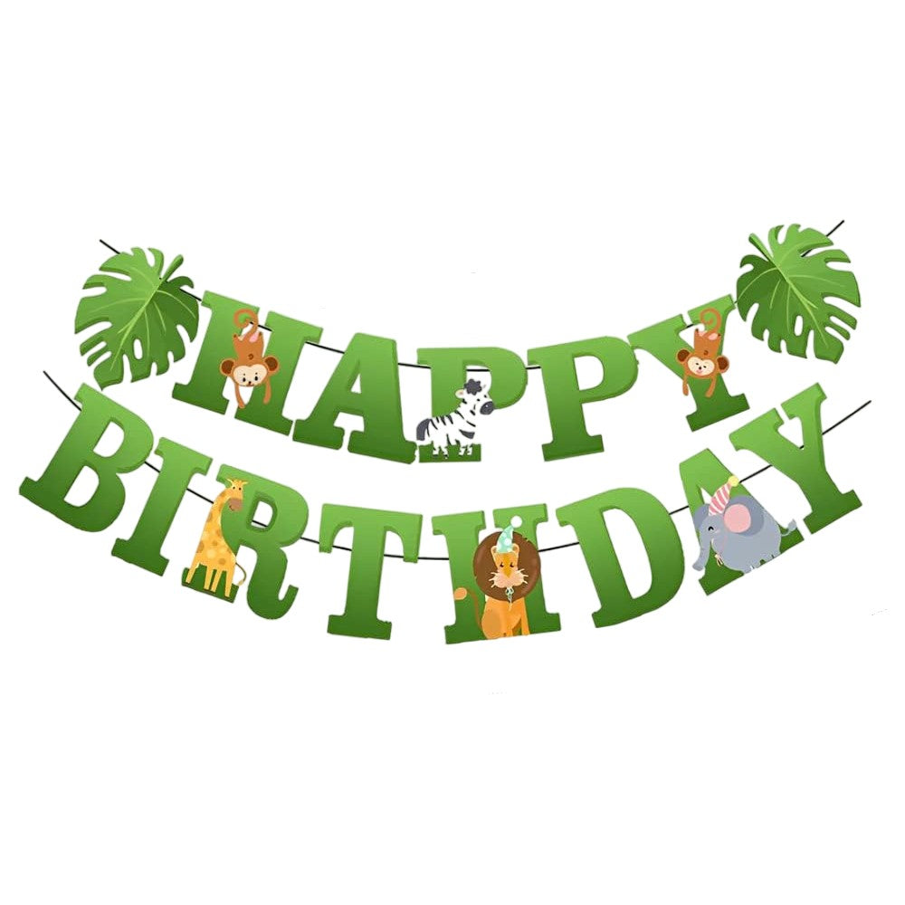 Banner Happy Birthday 100x200 cm, Vivimall, Rola de Ata Inclusa, Tematica Jungle, Verde - vivimall.ro