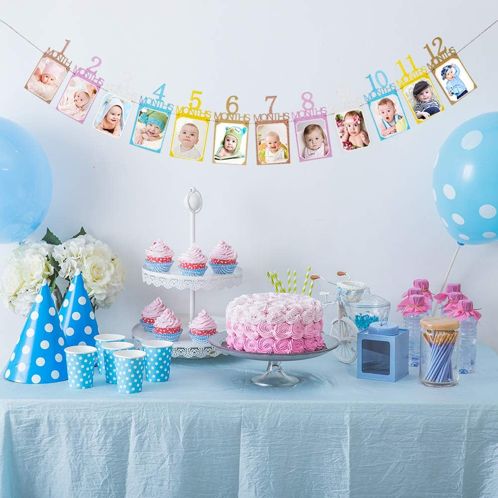 Banner pentru Poze, Vivimall, 15.2x10.2 cm, Tema Prima Aniversare, Model Primele 12 Luni, Rola Ata Inclusa, Multicolor - vivimall.ro